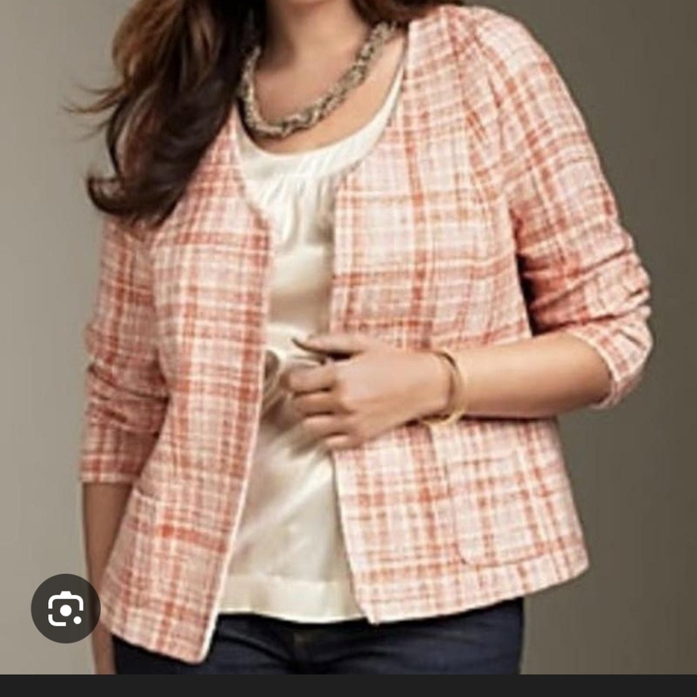 Womens Pink Plaid Open-Front Jacket